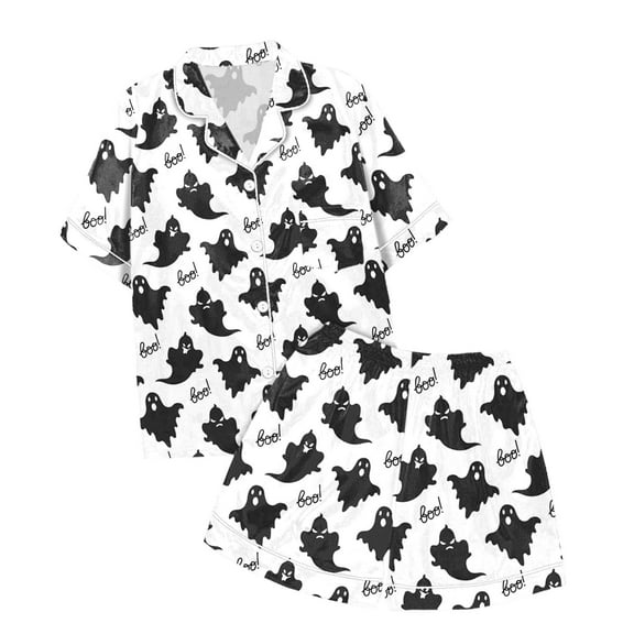 Woman Halloween Pajama Set Weightless Cloud Like Ghost Graphic Button Down Short Sleeve Shirts and Shorts 2 Piece Nightwear Relaxed Fit Womens Lounge Sets