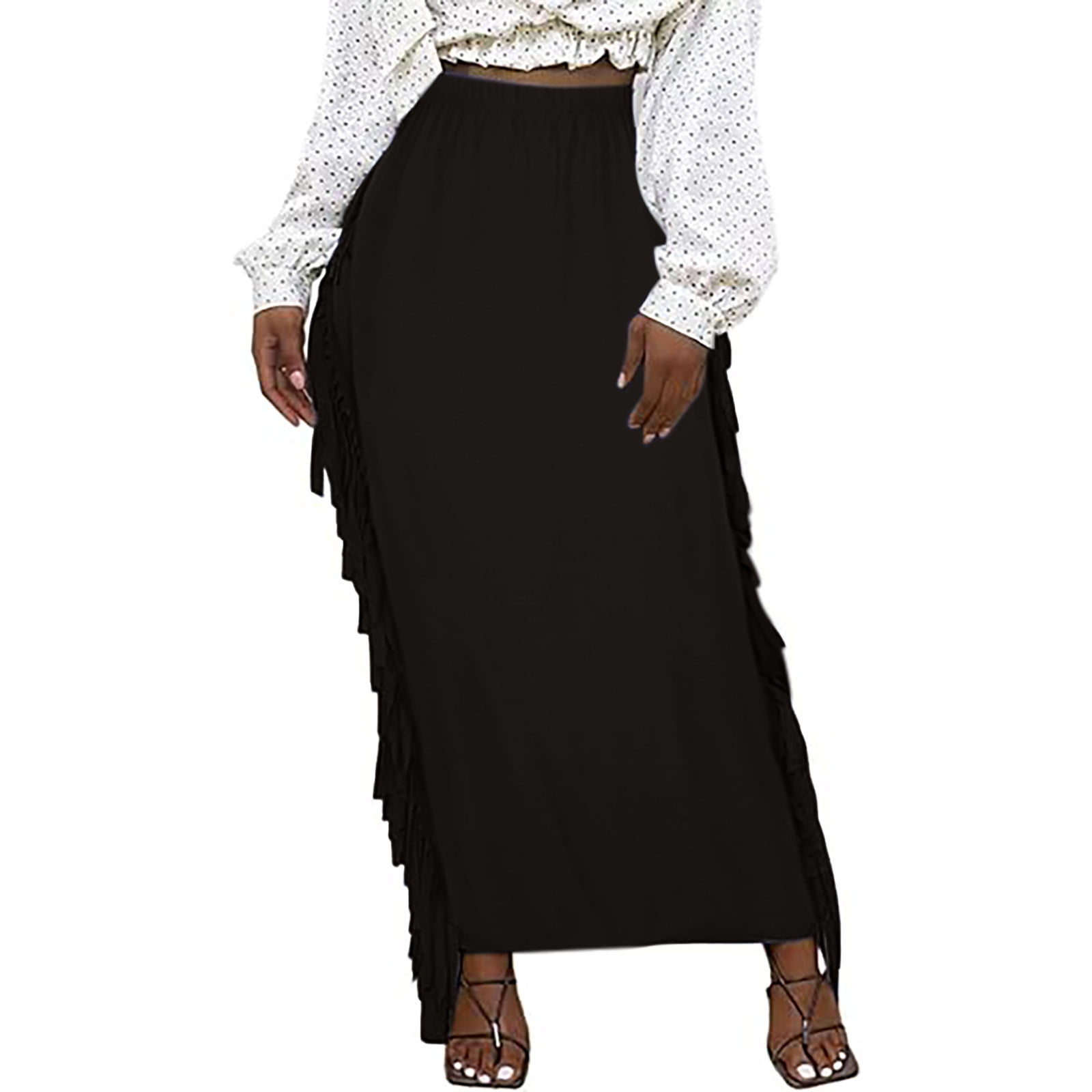 Elastic Waist Layered Calf Length Fringe Skirt