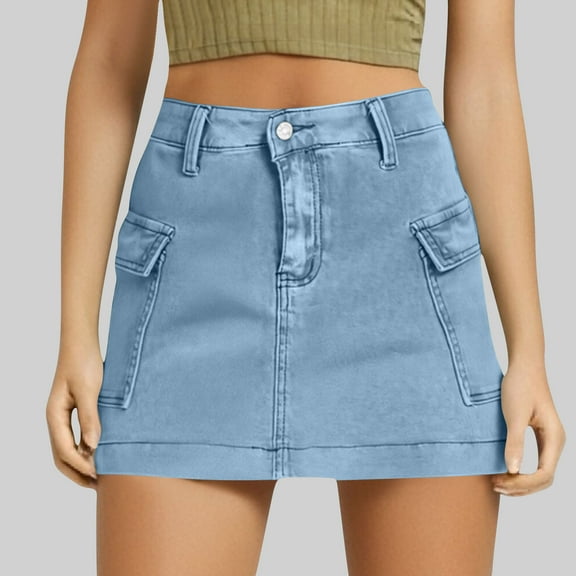 Woman High Waisted Trendy Slit Stretchy Denim Skirt with Shorts Casual Summer Skorts Skirts Light Blue M