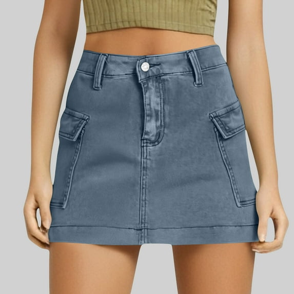 Woman High Waisted Trendy Slit Stretchy Denim Skirt with Shorts Casual Summer Skorts Skirts Dark Blue L