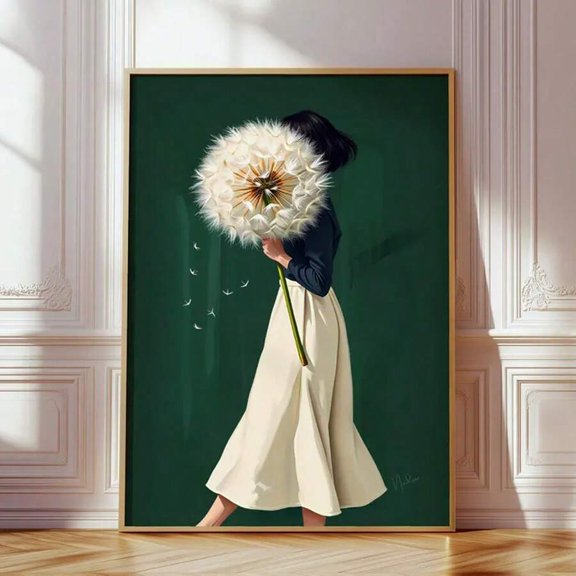 Woman Holding Giant Dandelion Canvas Wall Art, Dark Green Background Lady Portrait Print, Elegant Botanical Figure Wall Decor for Living Room Bedroom