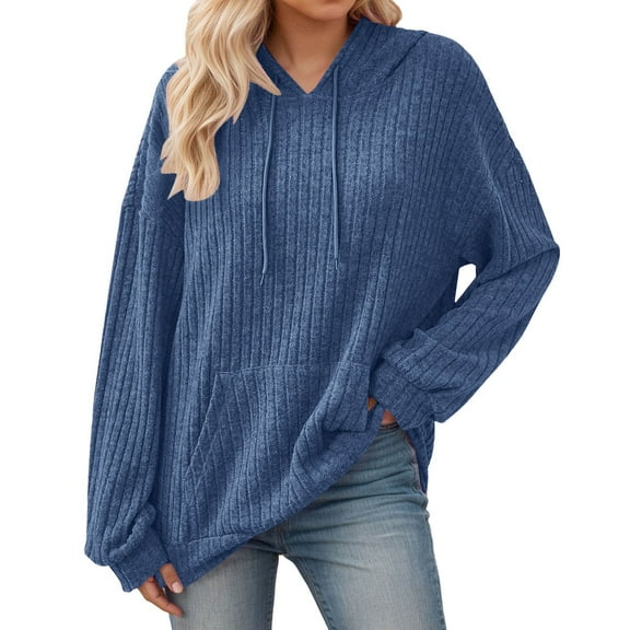 Woman Hoodie Blue Ribbed Hoodies Long Sleeve Tops Casual Pullover Hoodie Trendy Hoodies for Women XL