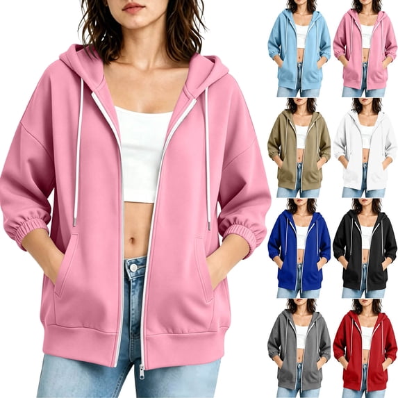 Woman Hoodie Dqueduo Women's Oversized Casual Solid Color Zip-Up 3/4 Sleeve Elastic Cuff Jacket – Drawstring Hoodie Pink M