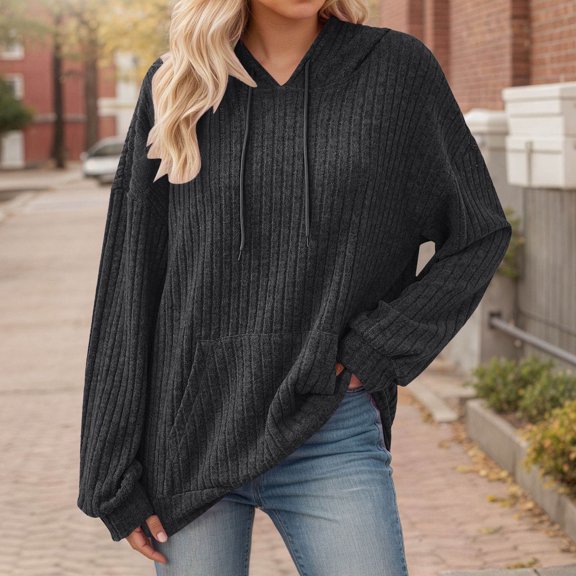 Woman Hoodie Grey Ribbed Hoodies for Women Long Sleeve Casual Pullover Sweatshirts for Women Hoodies for Women Trendy M