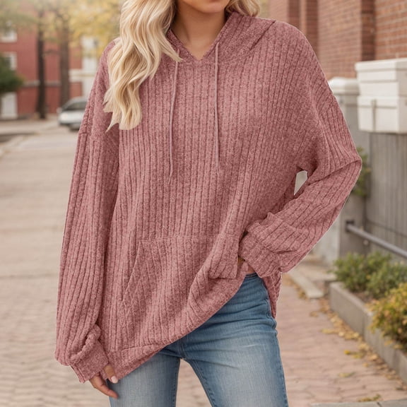 Woman Hoodie Red Ribbed Hoodie Women Long Sleeve Tops Women Hoodies Pullover Fall Hoodies for Women M