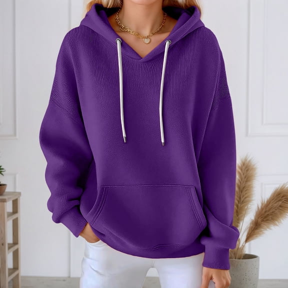 Woman Hoodies Purple Ribbed Hoodie Long Sleeve Tops Womens Pullover Hoodie Hoodies Cute S
