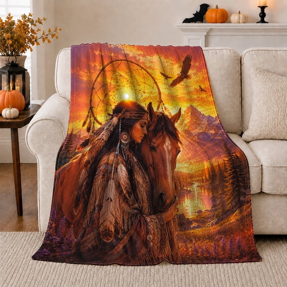 Woman with Horse and Dreamcatcher, Warm Southwestern Style for Horse Lovers, Sunset Mountain Bond Scene and Birthday Gift, Soft Flannel Blanket for Cabin and Bedroom, Home Decor