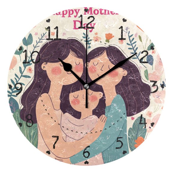 Woman Hug Each Other Mothers Day Round Wall Clock Silent Analog Battery Operated Black Pointer Home Decor 9.84" Diameter