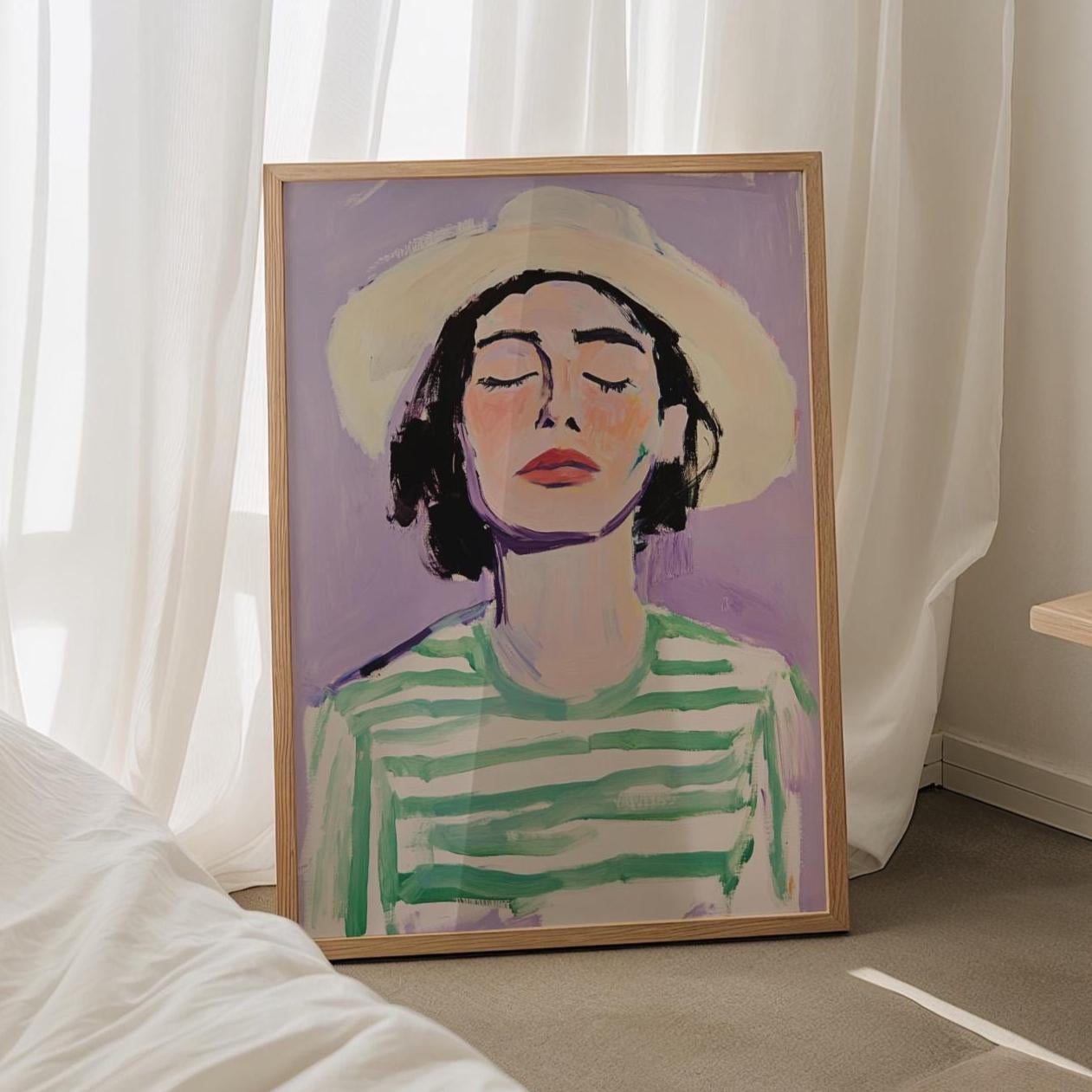 Woman In Hat Wall Art • Minimalist Contemporary Stripe Living Room