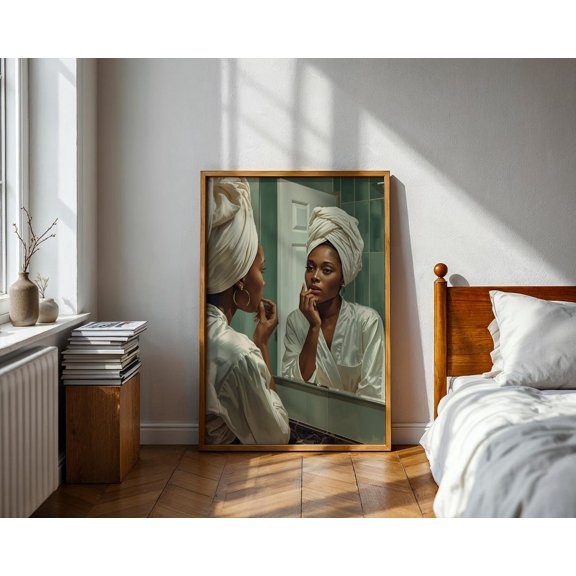 Woman In Mirror Vanity Wall Art Print, Unframed Paper Poster 8x10in
