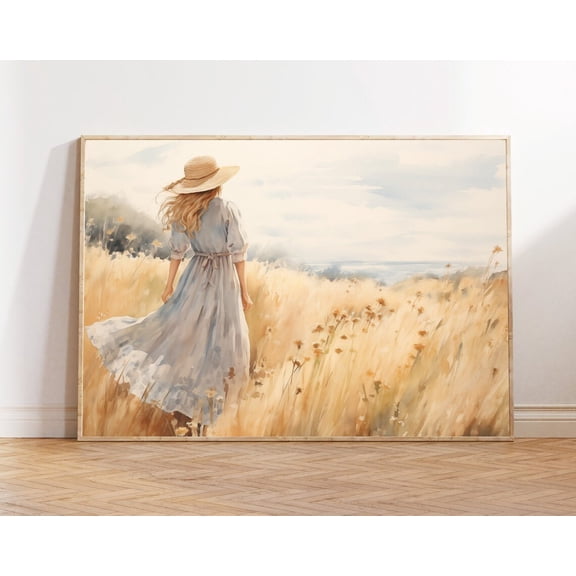 Woman In Summer Field Art Poster: Moody Female Portrait, Unframed Canvas Size 12x18