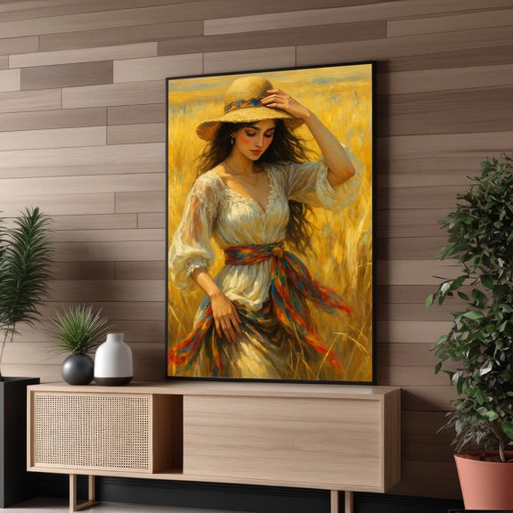 Woman In Wheat Field With Hat And Scarf – Romantic And Rustic For Warm And Elegant Wall Decor UNFRAMED Poster, Wall Art for Decor, Present, 24x36