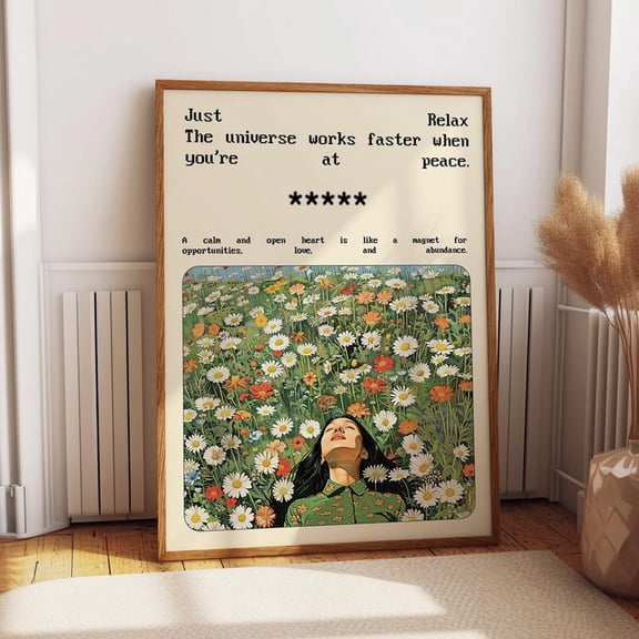 Woman In Wildflower Meadow Poster – Just Relax Inspirational Quote Print – Retro Typography Wall Decor Wall Art, Modern Wall Decor, 12x18 UNFRAMED