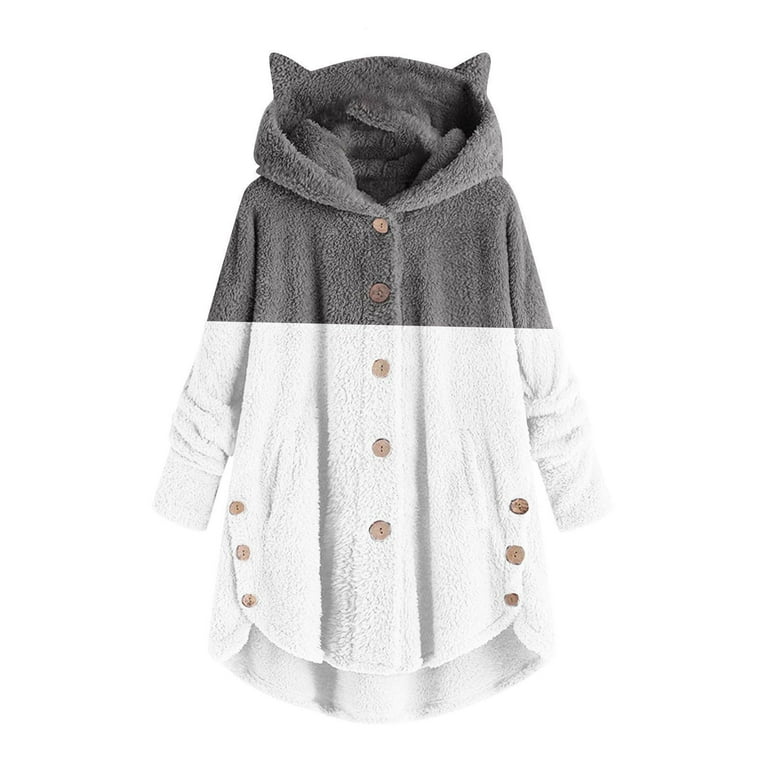 Woman Jacket Bed Jackets for Women plus Size Lady Coat And Velvet Coat Cat Ear Hooded Two Color Patchwork Button Autumn Winter Plush Cold Weather