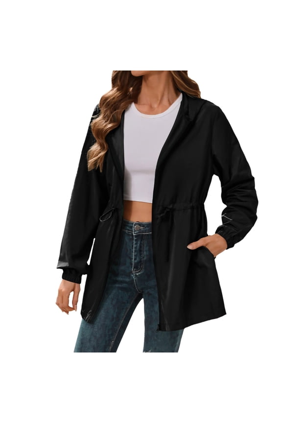 Woman Jacket Spring Fall Windbreaker Hooded Outdoor Softshell Jacket Zip Up Lightweight Raincoat Sports Black XXL