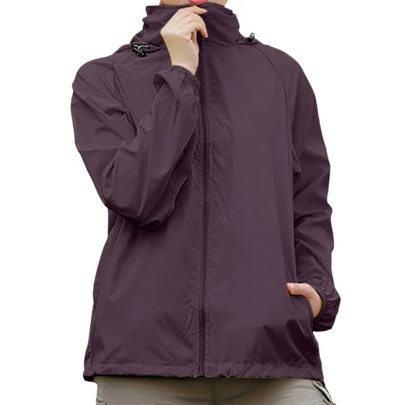 Woman Jacket Windbreaker Lightweight Zip Up Hooded Softshell Jacket Sporty Spring Summer Fall Outerwear Relaxed Fit Purple S