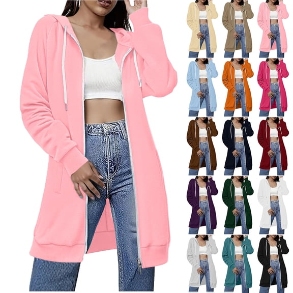 Woman Jacket Women Coats Hoodie Women Women's Solid Color Double Pocket Hoodie Sweatshirts Shoulder To Long Sleeves And Hooded Mid Length Casual Outwear Pink XXL
