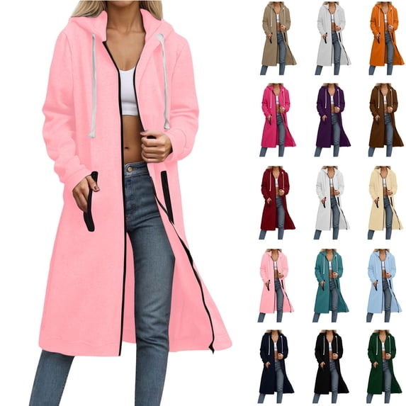 Woman Jacket Women Coats Hoodie Women Women's Solid Color Zipper Double Pocket Sweatshirt Long Sleeved Hooded Zipper Long Casual Outwear Pink M