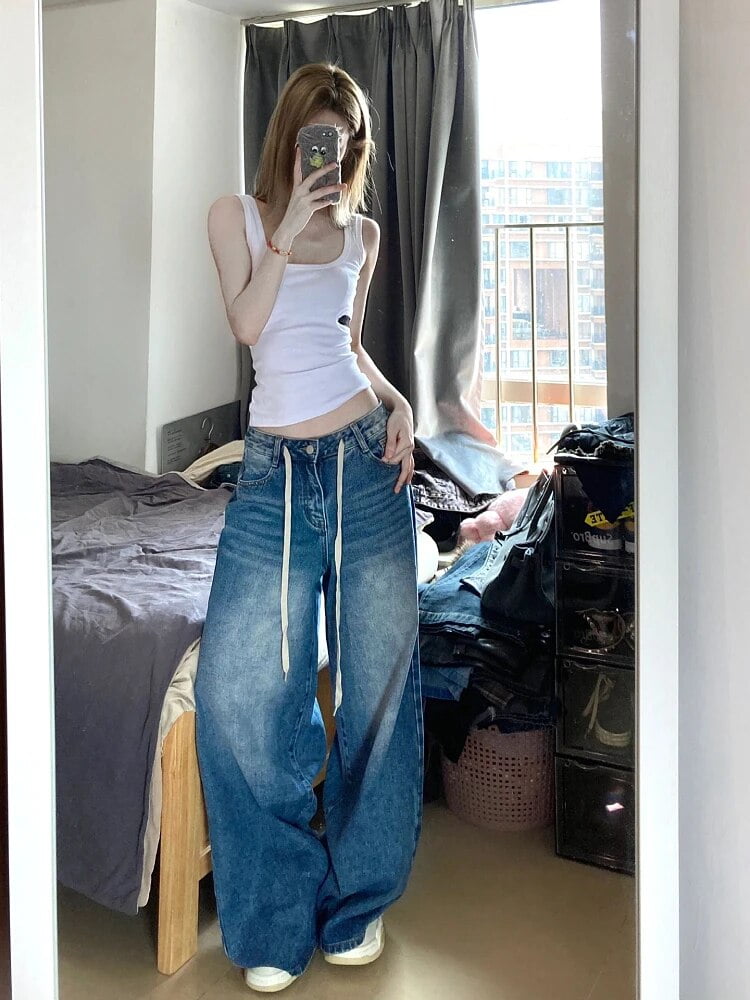 Woman Jeans Drawstring Tie-dyed Solid Color Low Waist Denim High Street  Hip-hop Grunge Gyaru Aesthetics Baddie Style 90s Ins - Walmart.com