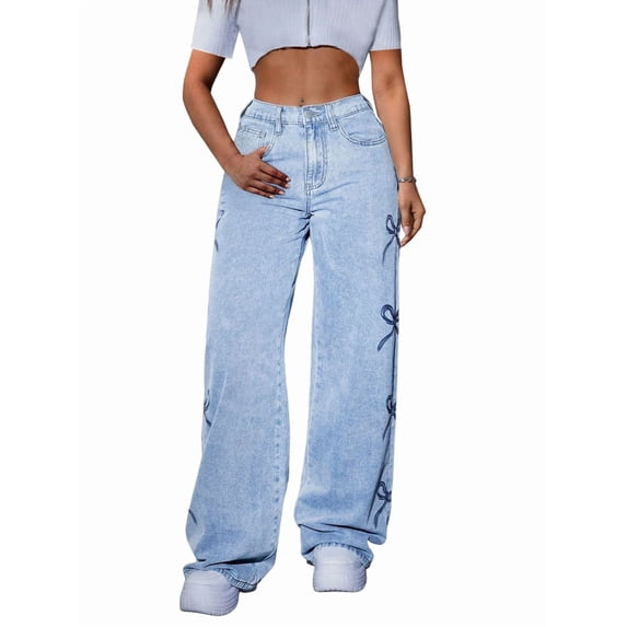 Woman Jeans High Waist Wide Leg Loose Pants Casual Streetwear Cute Clothes Light Blue XS