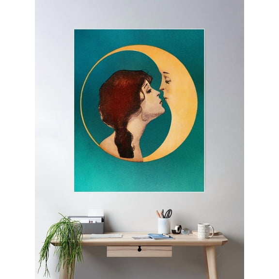 Woman Kissing Moon, Moon Woman Art Poster Wall Art, Modern Wall Decor For Living Room Bedroom, 8x12 UNFRAMED