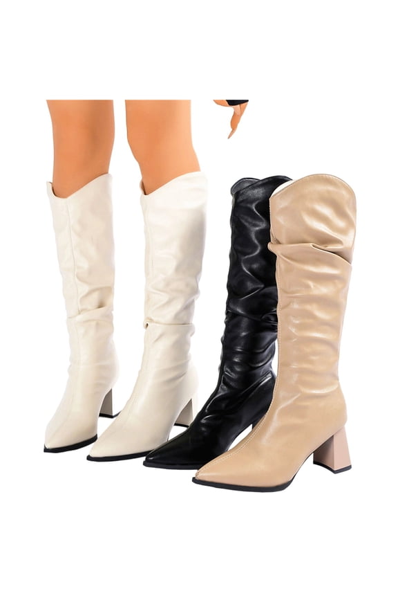 Woman Knee High Boots Chunky Low Heel Pointy Toe Boots with Side Zipper Casual Outdoor Dressy Comfortable Booties Winter Shoes for Women Khaki 5.5