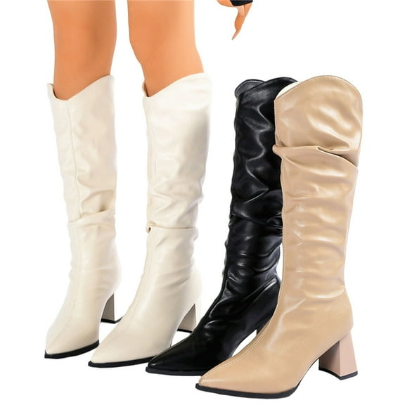 Woman Knee High Boots Chunky Low Heel Pointy Toe Boots with Side Zipper Casual Outdoor Dressy Comfortable Booties Winter Shoes for Women Khaki 9