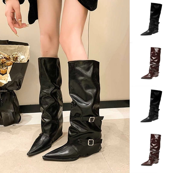 Woman Knee Length Boots Pointed Toe Chunky Heel Comfortable Casual Booties Winter Trendy Warm Shoes Wide Calf Boots