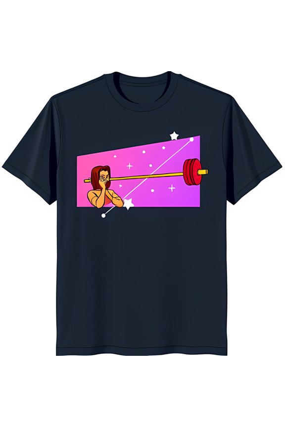 Woman Lifting Barbell Graphic T-Shirt Blue with Vibrant Stars
