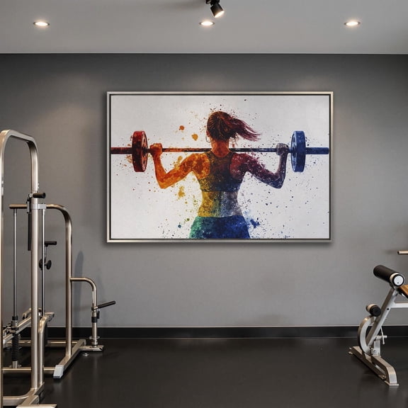 Woman Lifting Weights Art: Colorful Gym Decor, Stretched Canvas Size 16x24