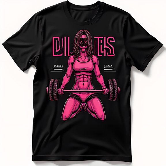 Woman Lifting Weights Black T-Shirt with Pink DILATES Design