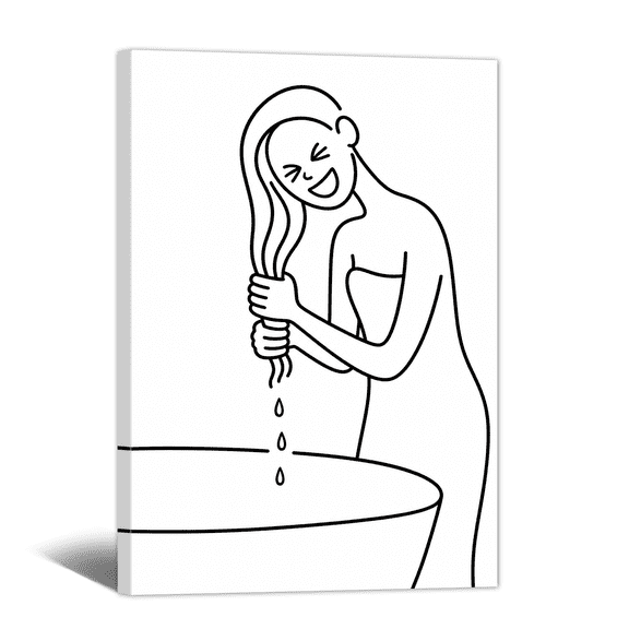 Woman Line Canvas Wall Art Abstract Figure Washing Hair Picture Prints, Modern Black and White Female Artwork Paintings for Living Room Bedroom Bathroom Restroom Apartment Home Wall Decor