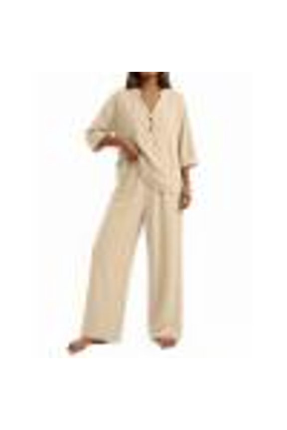 Woman Linen Two Piece Outfits V Neck Button Down Half Sleeve Tops Straight Leg Palazzo Pants Loose Matching Sets