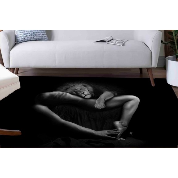 Woman and Lion Rug, Lion Rugs, Loft Rug, Sensual Rug, Gift For Him, Personalized Gifts, Salon Decor Rug, Wall Hanging Rug, Black Rug, 2'x3' - 60x90 cm
