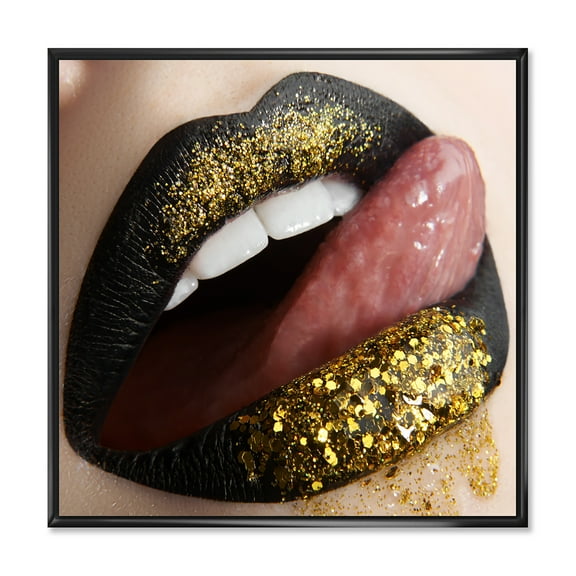 Woman Lips Black Lipstick and Gold Sequins 16 in x 16 in Framed Painting Canvas Art Print, by Designart