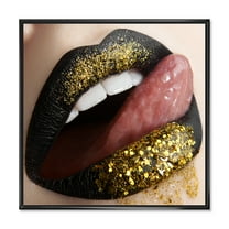 Woman Lips Black Lipstick and Gold Sequins 16 in x 16 in Framed Painting Canvas Art Print, by Designart