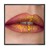 Woman Lips Close-Up With Red Lipstick, Gold Paint 16 in x 16 in Framed Photography Canvas Art Print, by Designart
