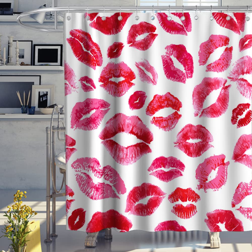 Woman Lips Shower Curtain for Bathroom Pink Lips French Kiss In Couple