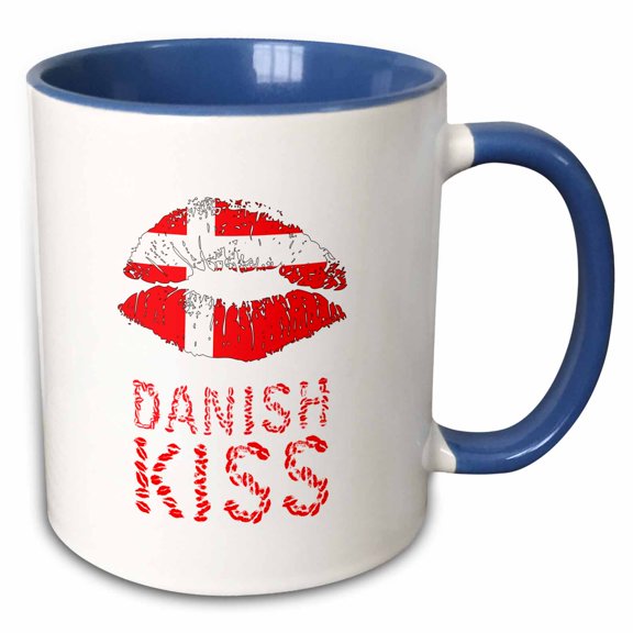 3drose, Woman Lips, the Flag of Denmark. Danish Kiss Text. Patriotic Gift, 11oz Two-tone Blue Mug