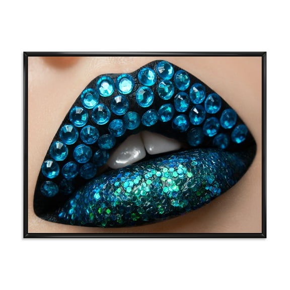 Woman Lips With Black Lipstick Blue Diamonds 20 in x 12 in Framed Photography Canvas Art Print, by Designart