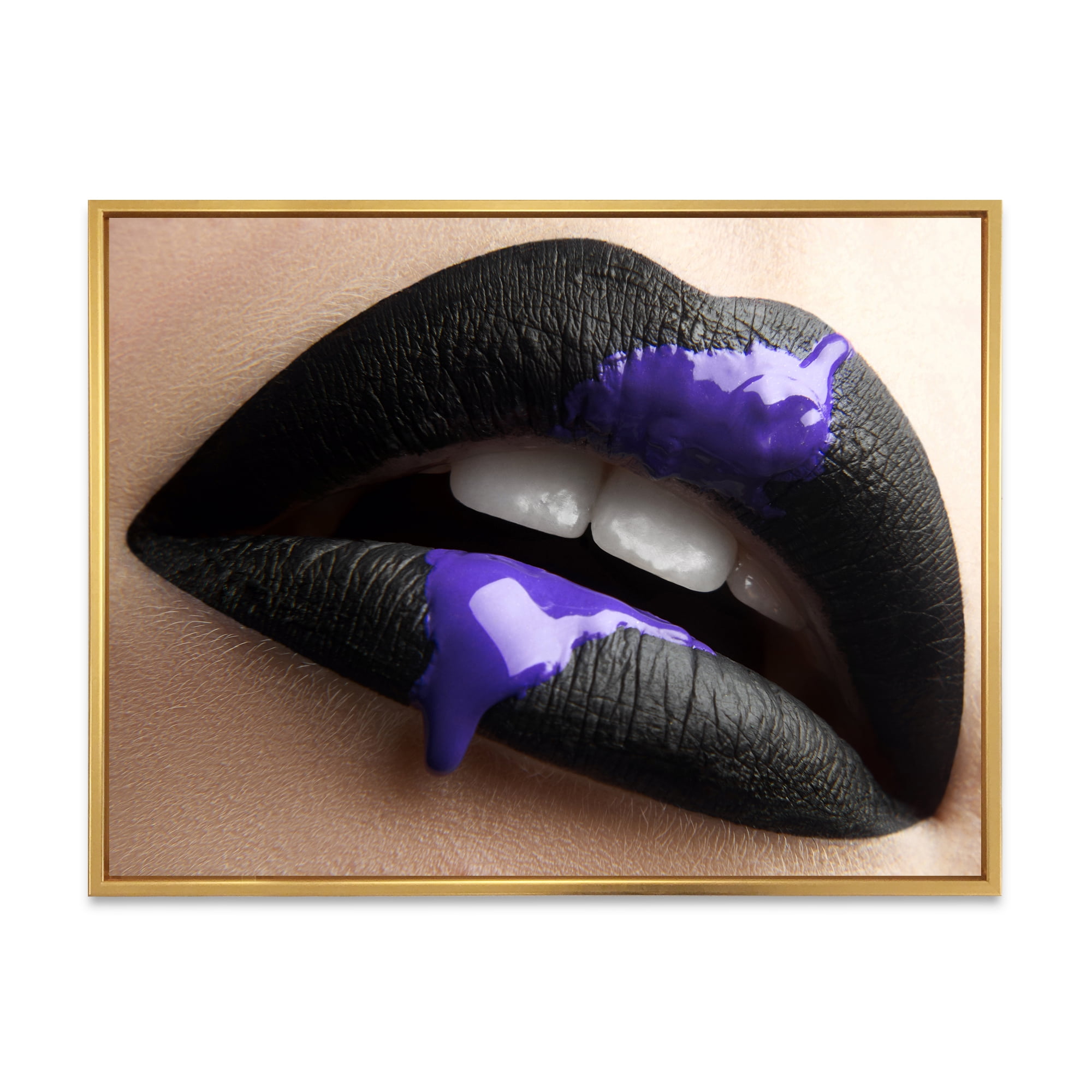 Woman Lips With Black Lipstick & Purple Paint 32 in x 24 in Framed Photography Canvas Art Print, by Designart