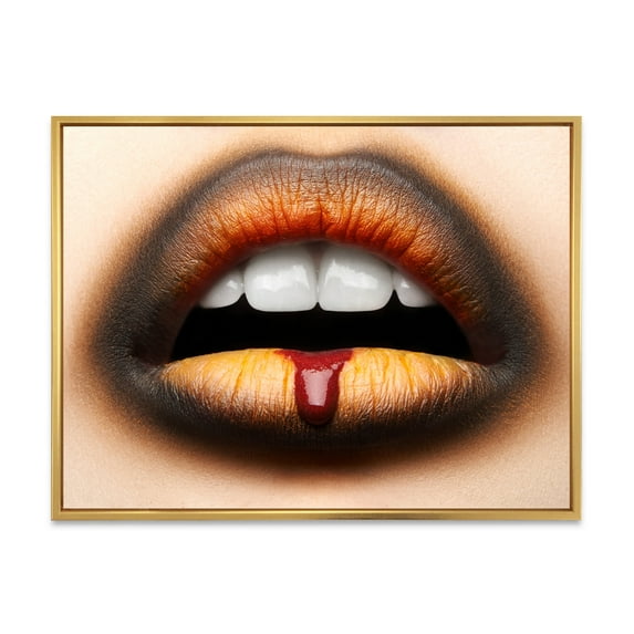 Woman Lips With Black & Orange Lipstick 32 in x 16 in Framed Painting Canvas Art Print, by Designart