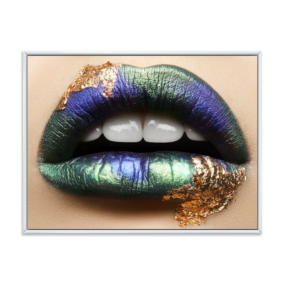 Woman Lips With Green Lipstick & Teeth 20 in x 12 in Framed Photography Canvas Art Print, by Designart