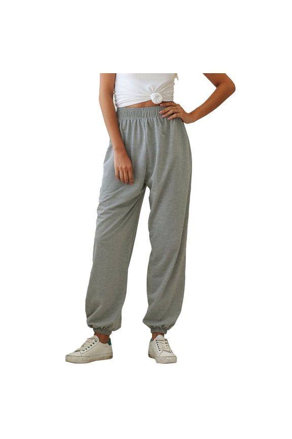 Woman Long Ankle Banded Pants Elastic Waist Pure Color Loose Casual Sporting Breathable Soft Trouser Gray M