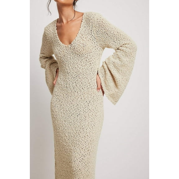 Woman Long Dress Elegant Fashion Knitted Plush Long Flared Sleeve Backless Autumn Fairy Dress