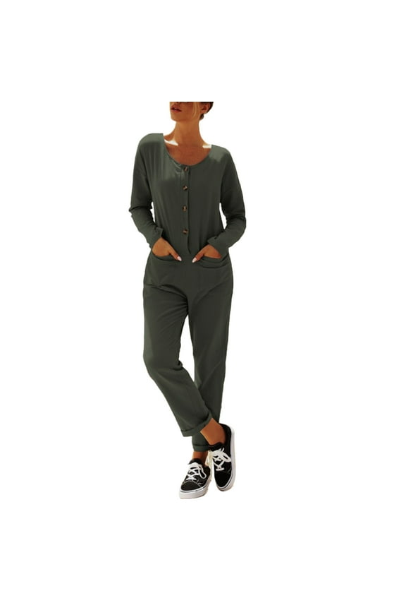 Woman Long Sleeve Casual Jumpsuit V Neck Button Down Regular Fit Straight Pants Onepiece Romper Green S