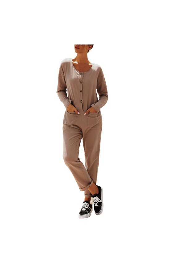 Woman Long Sleeve Casual Jumpsuit V Neck Button Down Regular Fit Straight Pants Onepiece Romper Khaki XL