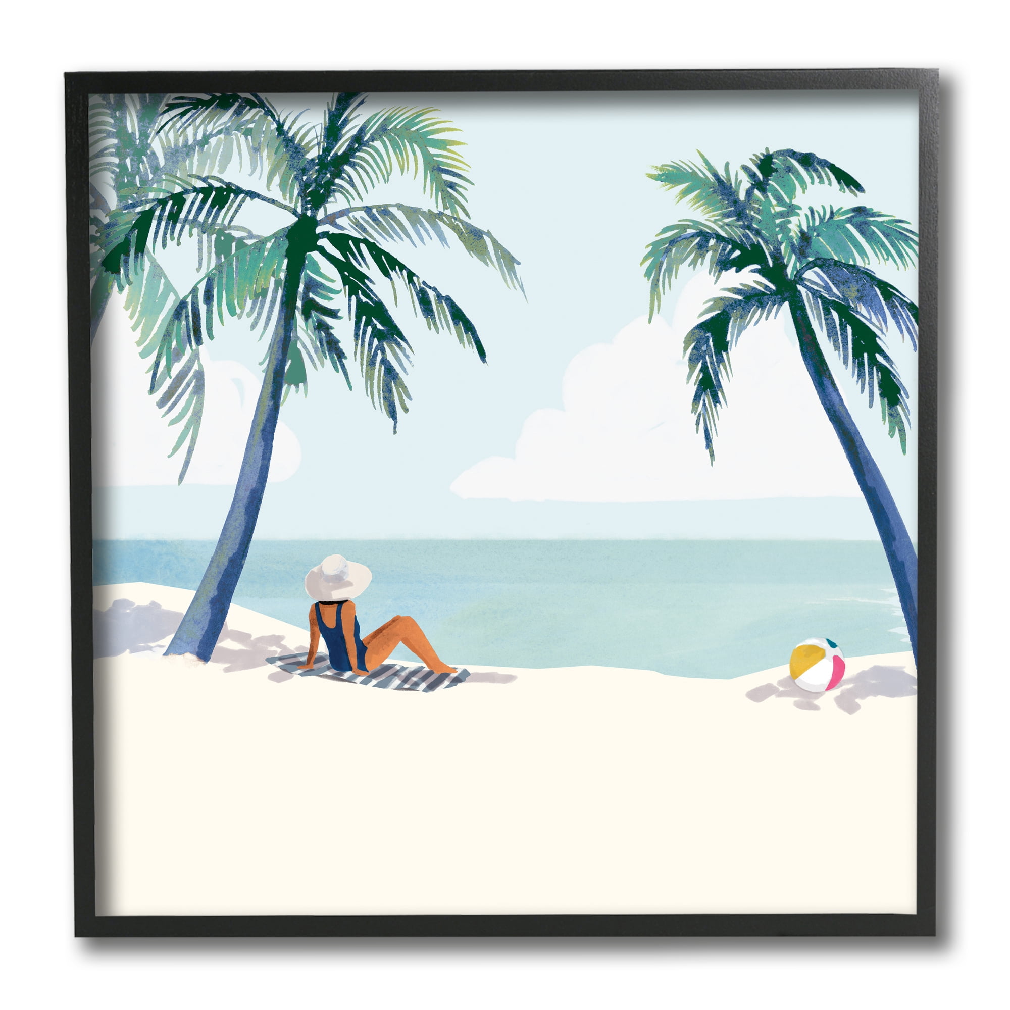 Woman Lounging under Palm Tree Coastal Landscape 12 in x 12 in Framed Painting Art Print, by Stupell Home Décor