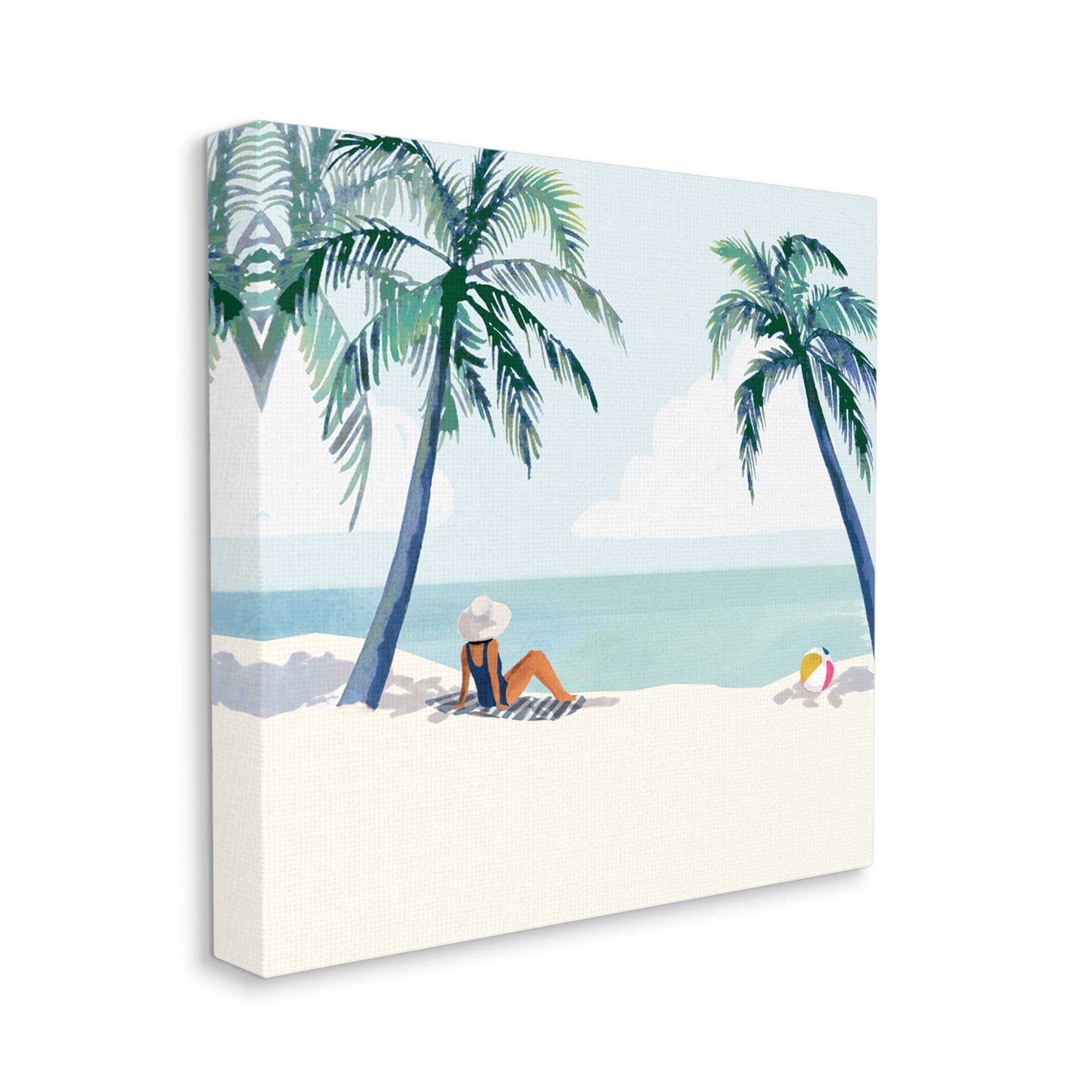 Woman Lounging under Palm Tree Coastal Landscape 30 in x 30 in Painting Canvas Art Print, by Stupell Home Décor