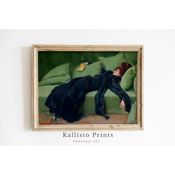 Woman Lying on Sofa Decadent, Vintage Woman Reading Art Print Poster, Victorian Lady on Green Sofa Wall Art, Classic Black Dress Decor, Size 8x12 UNFFRAMED F03.1.6l1943